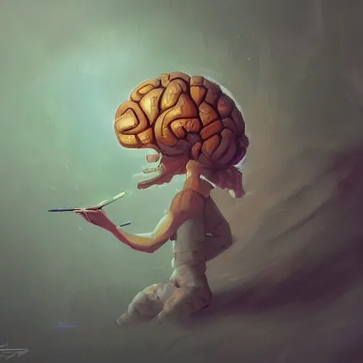 Prompt: Adventure concept art of a brain drawing a painting, surreal background, digital art by Krenz Cushart, trending on artstation, cgsociety,