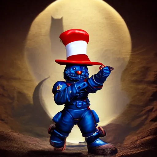 Image similar to cat in the hat as a space marine, portrait, octane, cinematic lighting, symmetrical, detailed