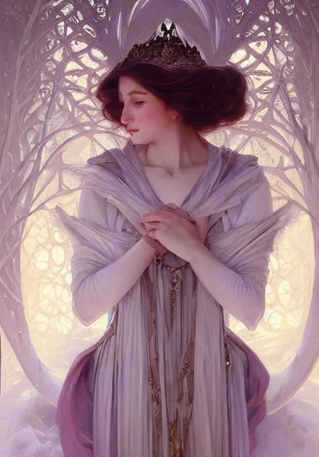 Prompt: snow queen, intricate, elegant, highly detailed, digital painting, artstation, concept art, smooth, sharp focus, illustration, art by artgerm and greg rutkowski and alphonse mucha and william - adolphe bouguereau