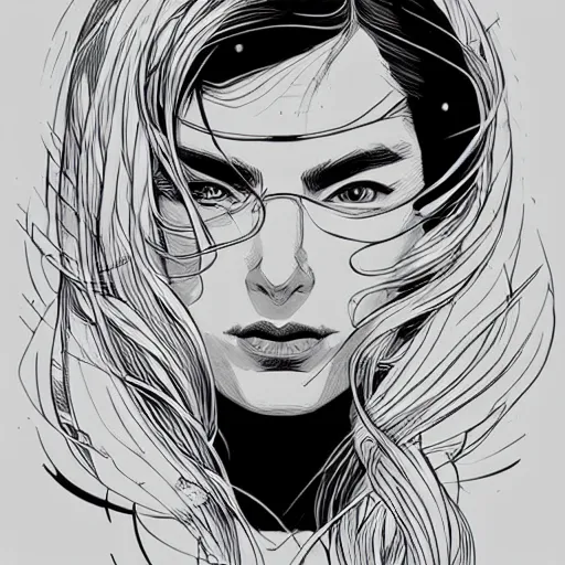 Image similar to clean simple line art of a woman. white background. well composed, clean black and white line drawing, beautiful detailed face. illustration by josan gonzalez and steve ditko and greg rutkowski