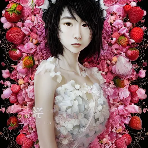 Prompt: the portrait of an absurdly beautiful, graceful, elegant, sophisticated, fashionable young japanese idol made of strawberries and white petals with tears, an ultrafine hyperdetailed illustration by kim jung gi, irakli nadar, intricate linework, bright colors, octopath traveler, final fantasy, unreal engine 5 highly rendered, global illumination, radiant light, detailed and intricate environment