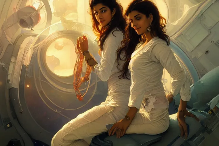 Image similar to Sensual good looking pale young Indian doctors wearing jeans in a space station above Earth, portrait, elegant, intricate, digital painting, artstation, concept art, smooth, sharp focus, illustration, art by artgerm and greg rutkowski and alphonse mucha