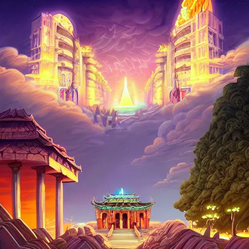 Image similar to street view of gigantic temple city at night by cyril rolando and naomi okubo and dan mumford and ricardo bofill