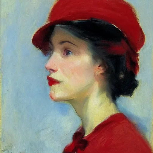 Image similar to frontal portrait of a woman wearing a red hat, by john singer sargent.