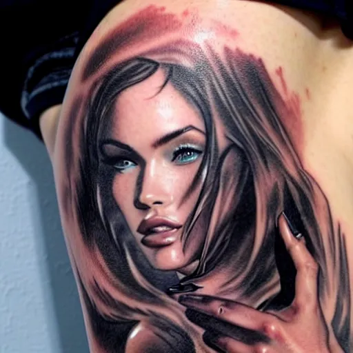 Image similar to double exposure tattoo design sketch of megan fox with beautiful mountain scenery, realism tattoo, in the style of den yakovelev, amazing detail, sharp