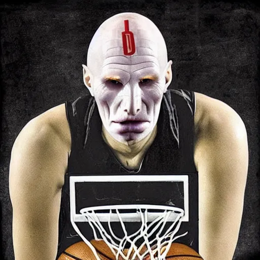 Image similar to voldemort as a basketball player, slam dunking