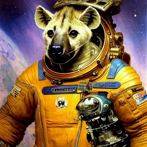 Image similar to portrait of a male hyena wearing a space suit in a space ship. shadowrun furaffiniy cyberpunk fantasy highly detailed painting by gaston bussiere craig mullins jc leyendecker gustav klimt artgerm greg rutkowski john berkey, bergey, craig mullins, ruan jia, raymond swanland, jeremy mann, tom lovell, alex malveda