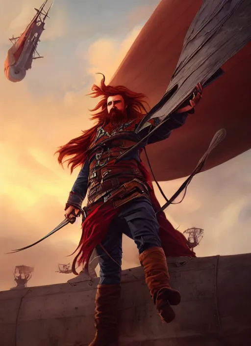 Image similar to An epic fantasy comic book style portrait painting of a long haired, red headed male sky-pirate in front of an airship, unreal 5, DAZ, hyperrealistic, octane render, by Greg Rutkowski, RPG portrait, dynamic lighting