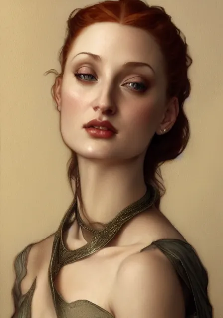 Image similar to sansa angeline jolie gessica chastain, intricate, elegant, highly detailed, digital painting, artstation, concept art, smooth, sharp focus, illustration, art by artgerm and greg rutkowski and alphonse mucha and william - adolphe bouguereau