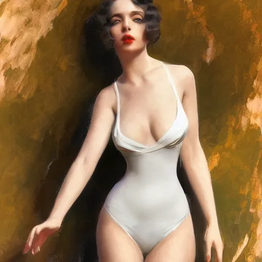 Image similar to a beautiful woman in an elegant see-thru white dress, wearing a black bikini underneath, 1920s, by Ilya Repin and artgerm, artstation, photorealistic, 8k octane render