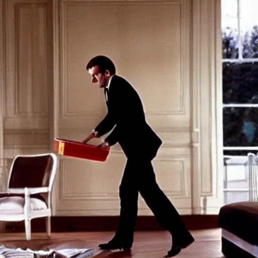 Prompt: Emmanuel Macron moving Ikea furniture in his empty room, in American Psycho (1999)