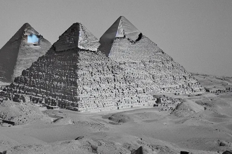 Prompt: Ancient blue-prints of the Giza Pyramids as space-craft