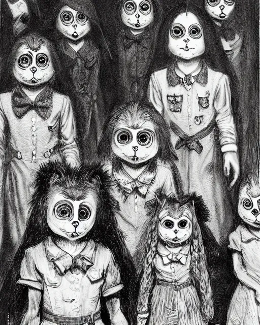 Prompt: group of creep children staring out, black and white character portrait, ultra realistic, concept art, intricate details, war, cinematic, highly detailed by louis wain