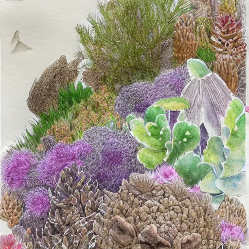 Image similar to delicate coastline mountain garden on paper, stony, puffy, botanical herbarium, botanic watercolors, iridescent, 8 k wide angle, realistic shaded, fine details, artstation, italian, rainbow, colonnade, oak, pinecone, pomegranade, hydrangea, vines, gardena architecture, pompeian, sicilian