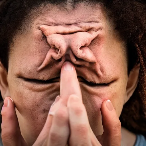 Prompt: macro photography of a person scrunching their face in disgust, high definition photography, 8k