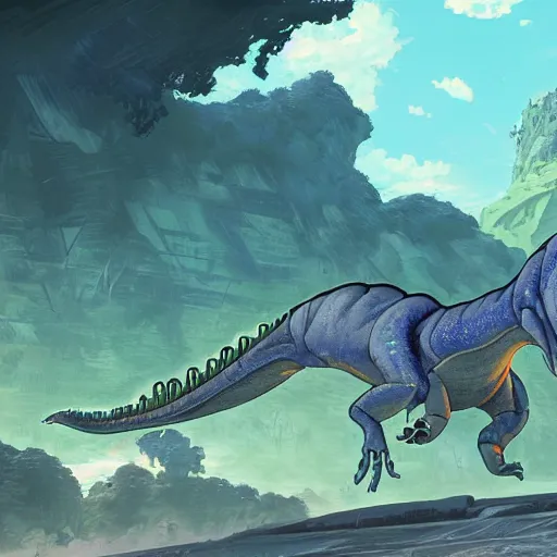 Image similar to concept art painting of an alien world full of alien dinosaurs, detailed, cel shaded, in the style of makoto shinkai and moebius and james gurney