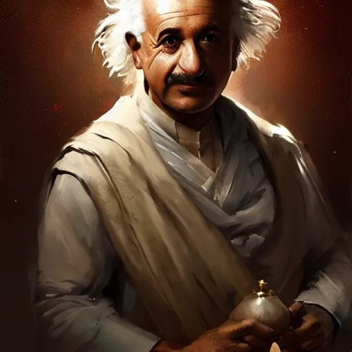 Image similar to a portrait of a Kurdish Albert Einstein in Kurdish clothes by Greg Rutkowski, digital art, horror, chiaroscuro, trending on artstation, anime arts, featured on Pixiv, HD, 8K, highly detailed, good lighting, beautiful, epic, masterpiece