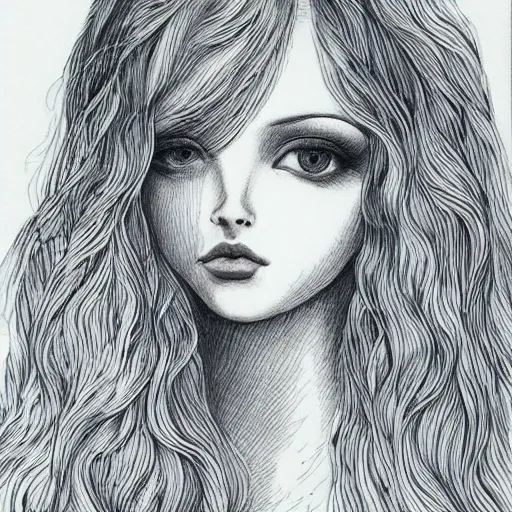 Image similar to beautiful pale redhead with giant soft dreamy eyes. Fine detailed colored ink drawing blotter art.