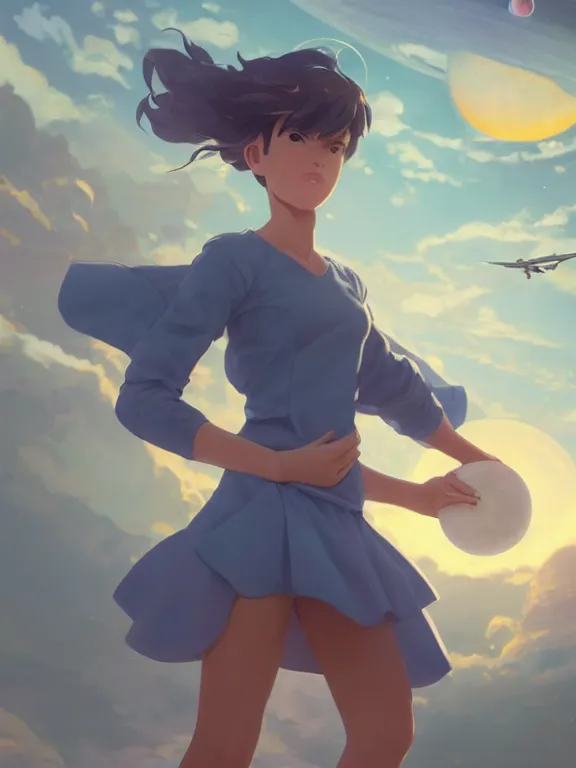 Image similar to one single godly, wise, powerful giant girl wearing a skirt in space holding a model of a Saturn in her left hand. Soft lighting, cosmic skies, stunning, 8K, no planets, octane render. By Makoto Shinkai, Stanley Artgerm Lau, WLOP, Rossdraws, James Jean, Andrei Riabovitchev, Marc Simonetti, krenz cushart, Sakimichan, D&D trending on ArtStation, digital art.