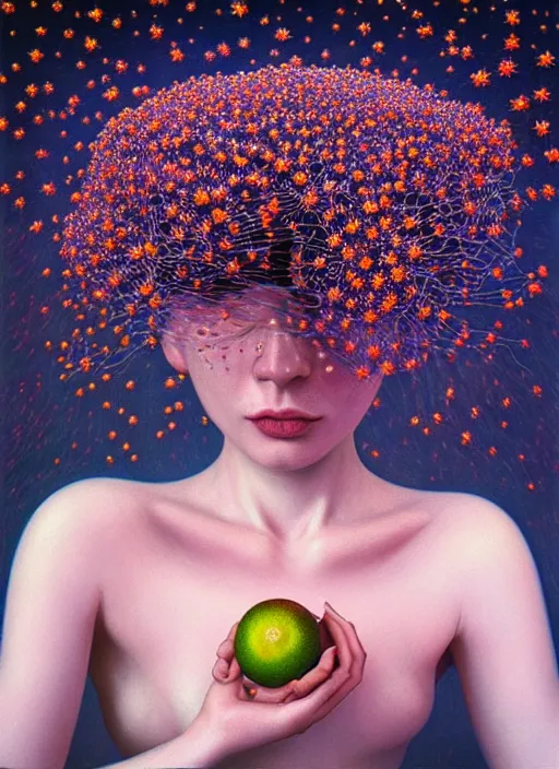 Image similar to hyper detailed 3d render like a Oil painting - Aurora (Singer) Eats of the Strangling Fruit and Her delicate Hands full of gossamer polyp blossoms bring iridescent fungal flowers whose spores black the foolish stars by Jacek Yerka, Mariusz Lewandowski, Houdini algorithmic generative render, Abstract brush strokes, Masterpiece, Edward Hopper and James Gilleard, Zdzislaw Beksinski, Mark Ryden, Wolfgang Lettl, hints of Yayoi Kasuma, octane render, 8k