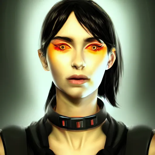 Image similar to headshot artwork of cyberpunk woman wearing thick black choker, collar on neck, realistic, artstation, neon,