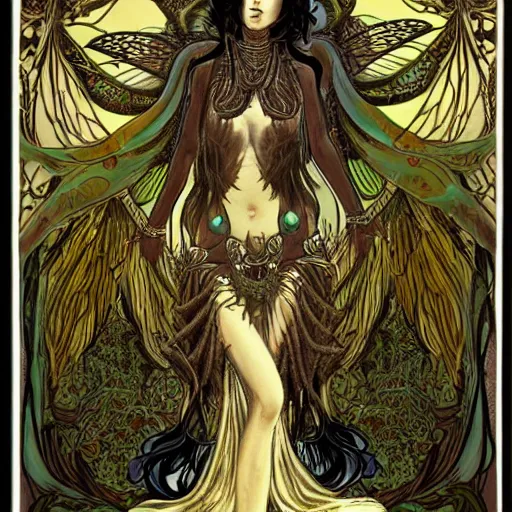 Prompt: Eldritch fairy lovecraft Woman with Art-Nouveau moth wings, black hair, Kali, and the Bodhisattva's Thousand Arms