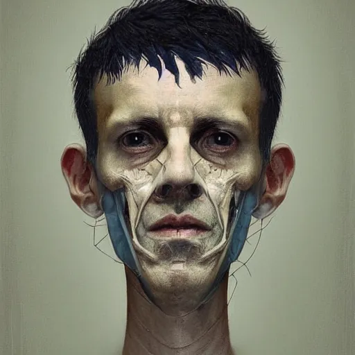 Image similar to surreal portrait of a man by Greg Rutkowski, symmetrical face, he is about 50 years old, short black hair with bangs, his features are a mix between French, Turkish and Russian, transformed into a kind of biomechanical transhuman god, blue glowing eyes, expression of epiphany and determination, cosmic void background, frightening, fascinating, highly detailed portrait, digital painting, book cover, artstation, concept art, smooth, sharp foccus ilustration, Artstation HQ