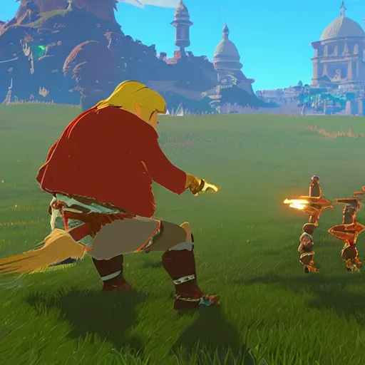 Prompt: in-game-screenshot of Donald Trump boss fight in Breath of the Wild