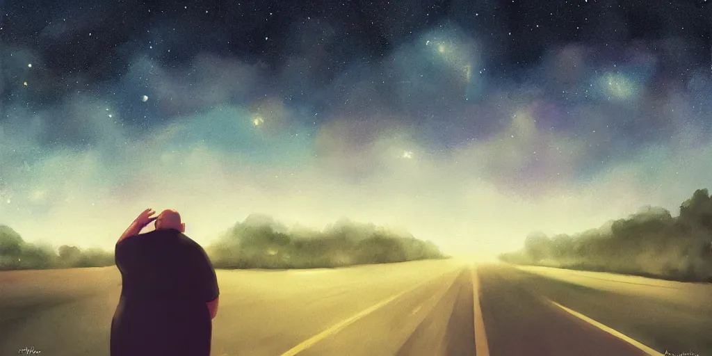 Image similar to fat man depressed in a lonely road, night, galaxy sky, by artgerm, rule of third