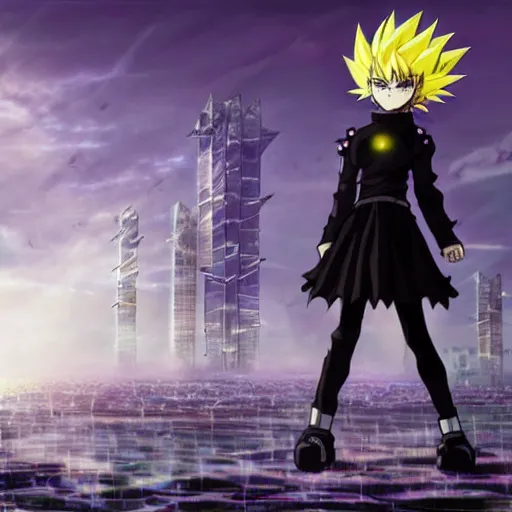 Prompt: 1 7 - year - old black haired anime goth girl wearing gothic jacket, spiky hair, super saiyan aura, psychi powers, floating above roof, futuristic city in background, 2 0 0 1 anime, subsurface scattering, intricate details, art by toei, art by studio gainax, studio trigger art, anime screenshot