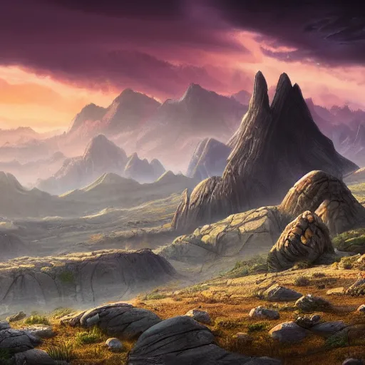 Prompt: The stone landscape with mountains in the background, Sci-Fi fantasy desktop wallpaper, painted, 4k, high detail, sharp focus
