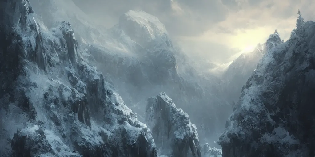 Image similar to Looking off of a rocky snowy cliff over backlit low lying clouds in a snowy valley with craggy giant rocks hidden in mist, artstation, matte painting