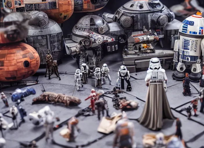 Prompt: a photo of a epic grand scale diorama of star wars toys, canon, macro photography