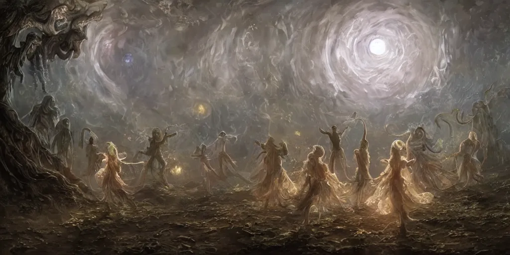 Image similar to concept art of translucent glowing fairies dancing, lovecraftian, renaissance, melting, round moon, rich clouds, fighting the horrors of the unknown, very detailed, volumetric light, mist, fine art, decaying, textured oil over canvas, epic fantasy art, very colorful, ornate intricate scales