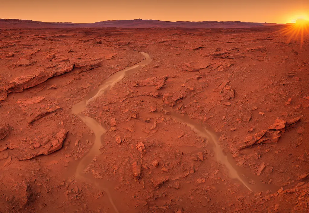 Prompt: a dried up river bend running through a canyon surrounded by desert mountains at sunset on mars, planet mars, moab, utah, a tilt shift photo by frederic church, trending on unsplash, hudson river school, photo taken with provia, national geographic photo