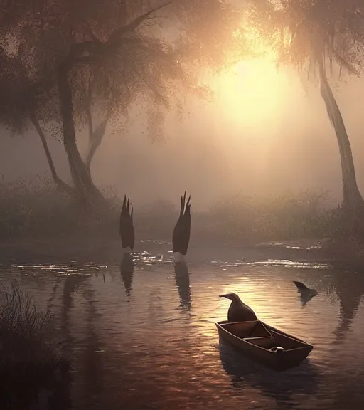 Image similar to three crows in a little boat in a swamp, volumetric lighting, fog, majestic light, octane render, ethereal glare of the sun, hyperrealistic, epic, masterpiece, by greg rutkowski