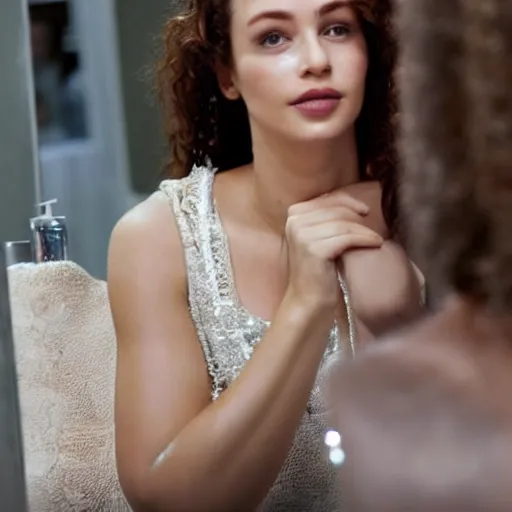 Image similar to a beautiful actress sitting at a vanity in front of a cracked mirror, beautiful face, elegant furniture