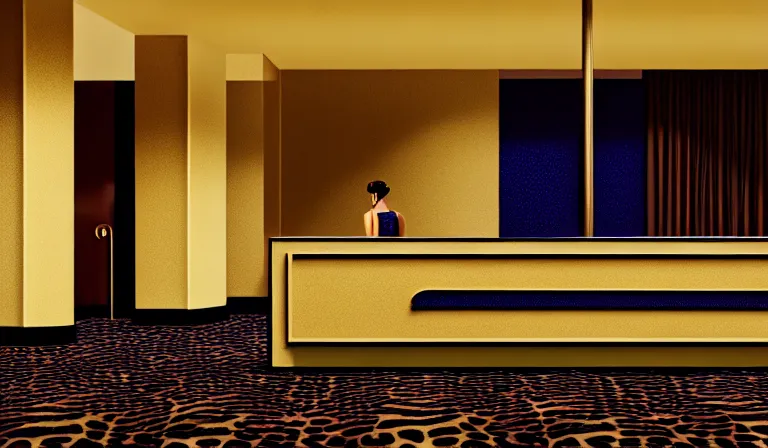 Image similar to a beautiful, sharp focus, clean lines. the interior of a vast 1 9 7 0 s luxury hotel lobby. leopard print. vaporwave ombre rendering. outrun style. trending on artstation. recommended for you behance. wes anderson colors. by chris moore. by edward hopper. ambient occlusion. digital matte painting. metropolis filmic. gotham city.