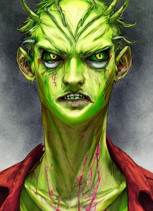 Prompt: a demon slayer portrait of wilson from don't starve, tall, pale - skinned, slender with lime green eyes and long eyelashes by stanley artgerm, tom bagshaw, arthur adams, carne griffiths, trending on deviant art, street art, face enhance, chillwave, maximalist, full of color, glittering