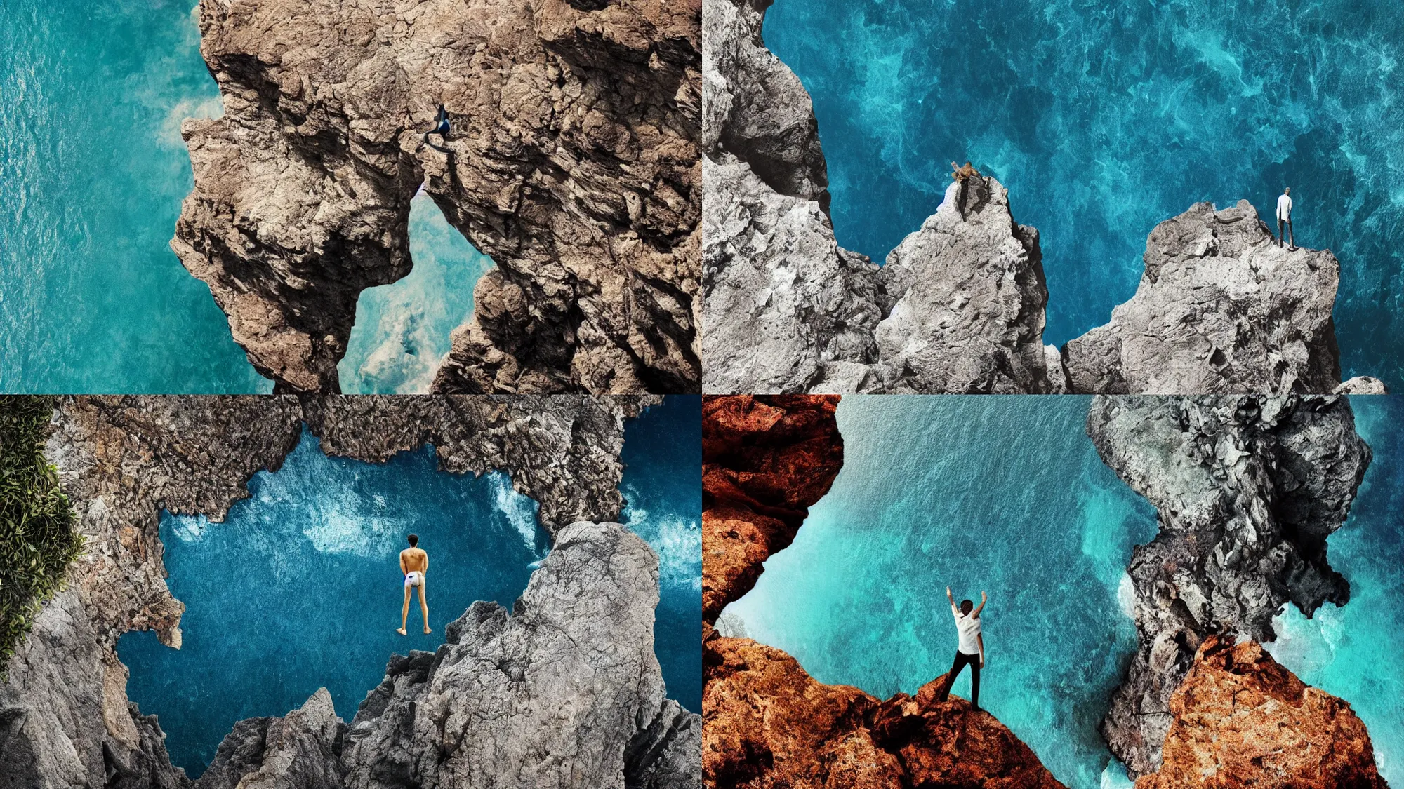 Prompt: A man standing on the edge of a rocky cliff, sapphire waters below, 4k, trending on Artstation, award-winning photograph, wide shot, art by Alberto Seveso, Igor Morski