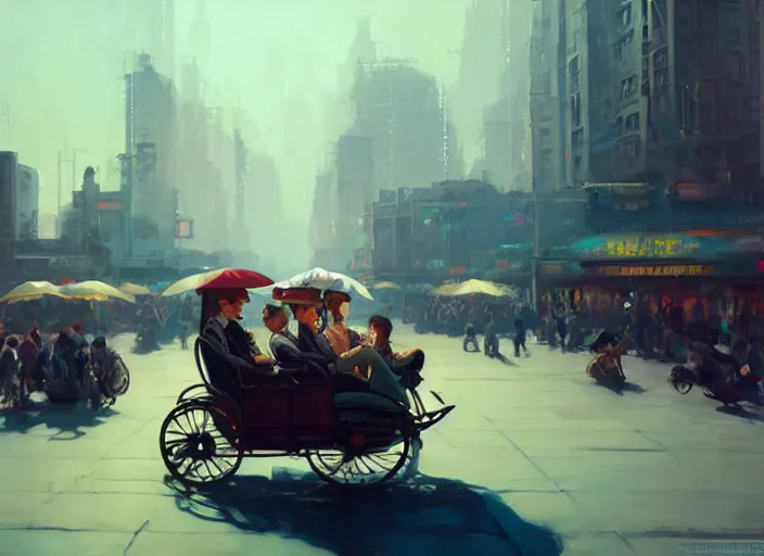 Image similar to an oligarch riding rickshaw-wagon being pulled by crowd of tired poor people in a Mandelbrot fractal modern city by Craig Mullins, ilya kuvshinov, krenz cushart, artgerm trending on artstation by Edward Hopper and Dan Mumford and WLOP and Rutkovsky, Unreal Engine 5, Lumen, Nanite