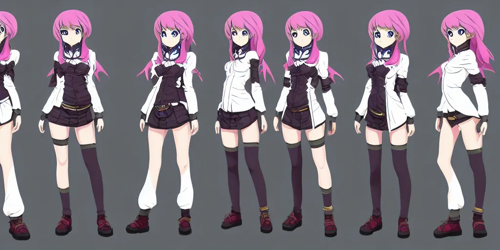 Prompt: an alchemist girl anime model sheet; in the fantasy studio bones anime; character outfit concepts; trending on artstation, highly detailed, clean lineart