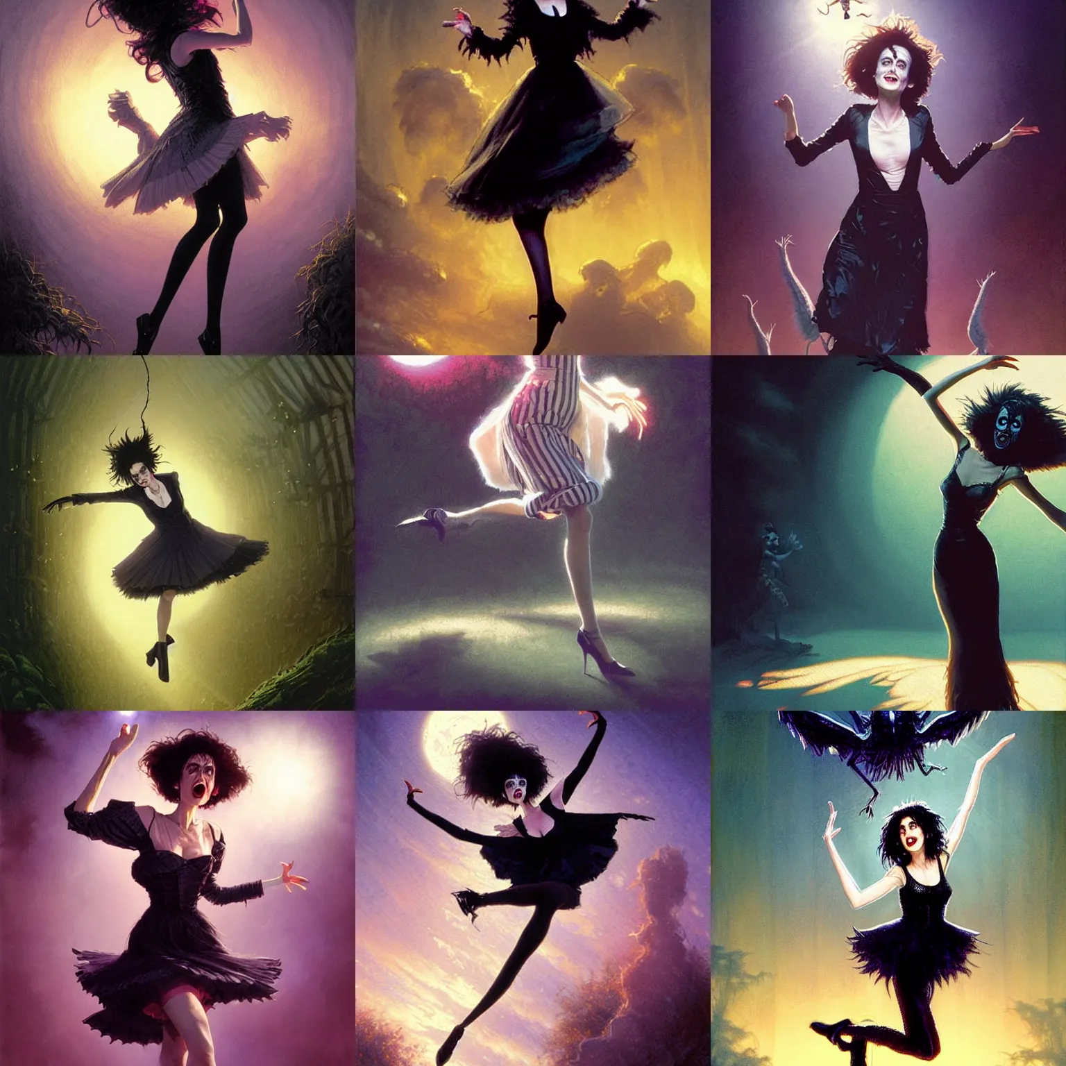Prompt: winona ryder in beetlejuice dancing in the air, cool moves, looking cute, backlight, very detailed, art by greg rutkowski and thomas kinkade