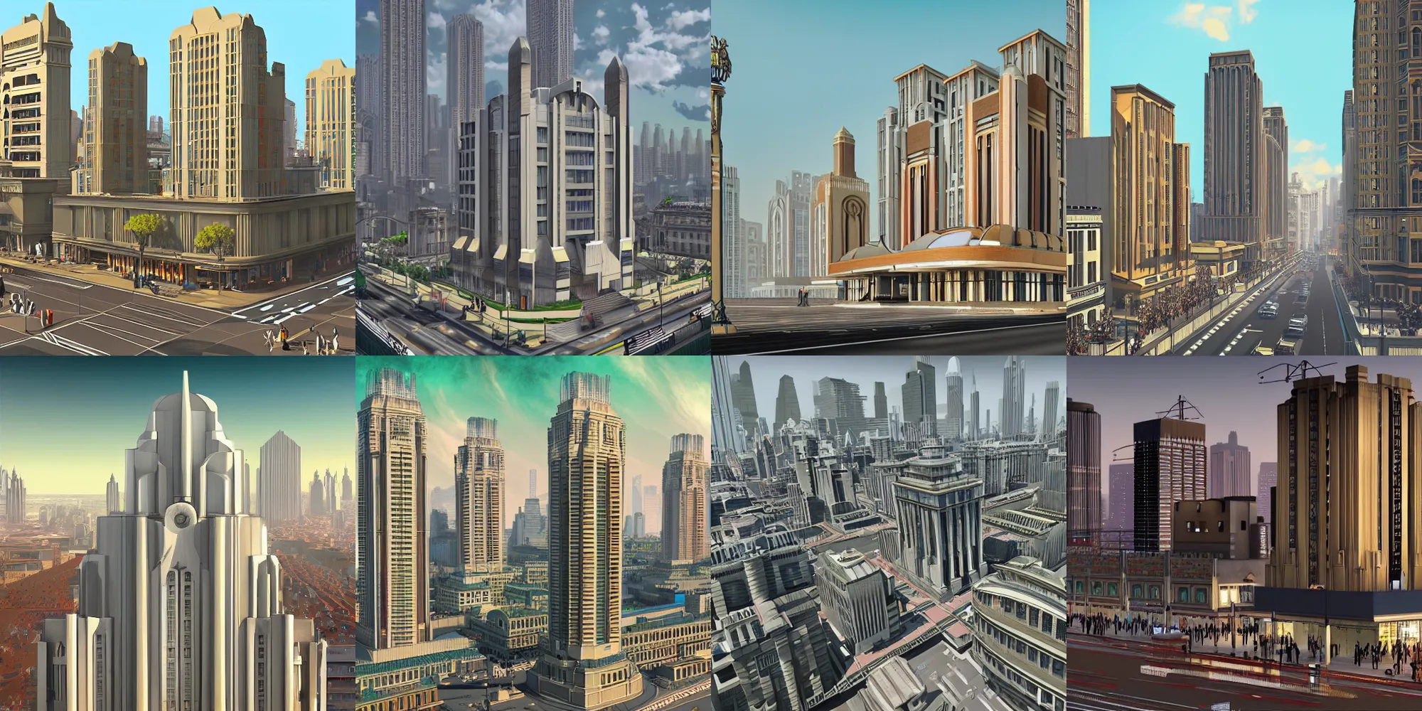 Prompt: Art Deco architectural render in large busy city, 4K, very detailed, digital masterpiece