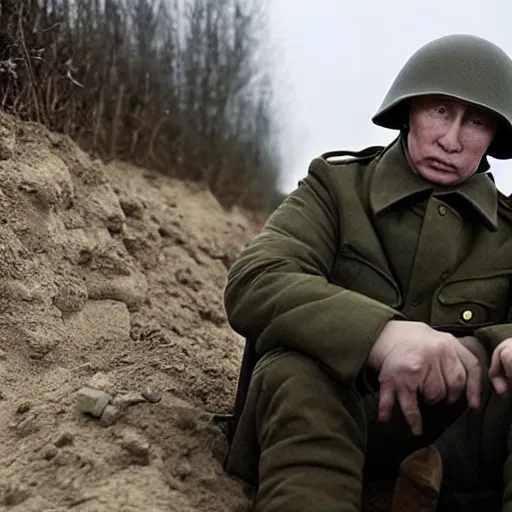 Image similar to Putin is sitting in the trenches and defending himself from Ukrainian troops, Constructivism