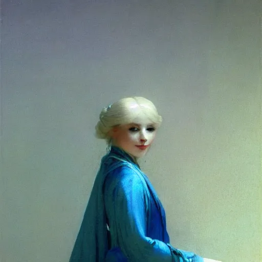 Image similar to a young woman's face, her hair is white and she wears a cobalt blue satin cloak, by ivan aivazovsky and syd mead and moebius and gaston bussiere and roger dean and pieter claesz and paul delaroche and alma tadema and aelbert cuyp and frans van mieris, hyperrealistic, volumetric light, octane render