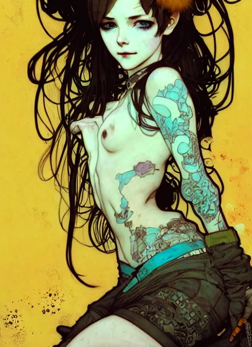 Prompt: highly detailed portrait of a moody sewerpunk young adult lady by krenz cushart, by artem demura, by alphonse mucha, by kaethe butcher, gradient yellow, black, brown and cyan color scheme, grunge aesthetic!!! ( ( graffiti tag city background ) )