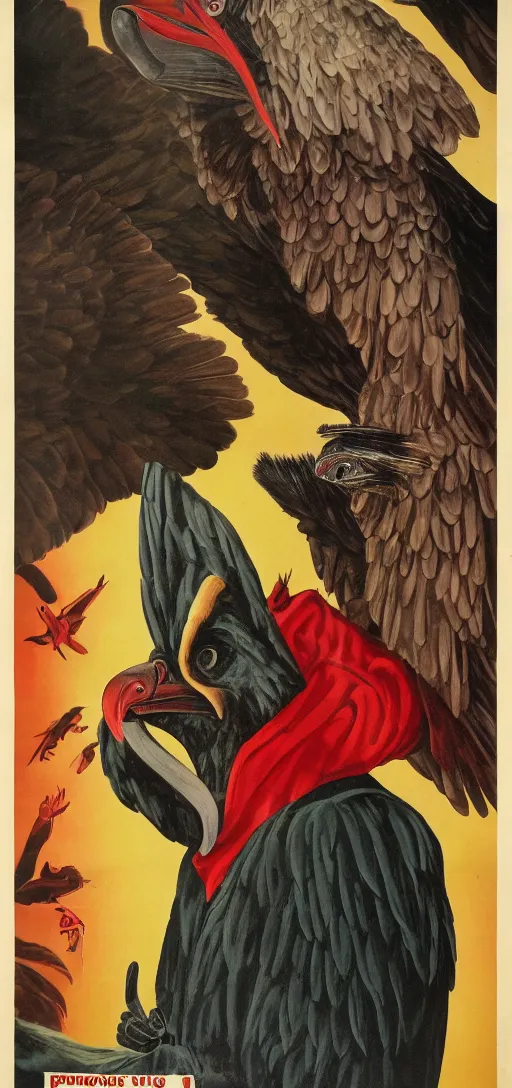 Image similar to mistery man in hood and red eyes with a dager, and a vulture, 1940s propaganda poster, full hd,highly detailed