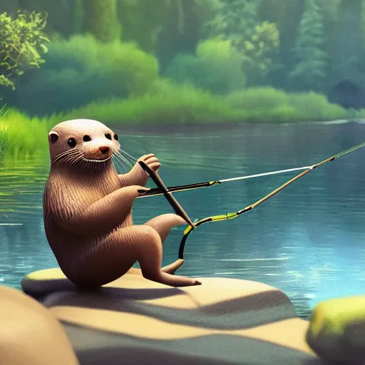 Image similar to painting of otter-fishman with fishing rod, stylized, octane render, morning forest river