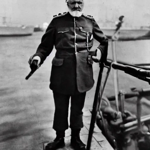 Prompt: a old man in officer suit of russian empire, gray hair and beard, standing near giant yellow dieselpunk ship